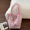 Nova Bolsa de Lona Bordada com Filhote de Cereja, Bolsa de Ombro Listrada Dupla Face Simples e Versátil, Bolsa Tote de Moda de Nicho para Mulheres
