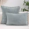 Funda de almohada estilo bohemio pana rayada color liso con pompones funda de cojín primavera/verano para sala de estar y dormitorio decoración del hogar