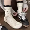 Meias Grossas de Algodão Puro para Outono e Inverno, Meias até a Panturrilha para Mulheres, Meias Largas de Renda com Bolinhas Estilo Japonês, Meias Longas de Inverno