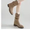 Botas de tornozelo plissadas retrô em veludo, nova coleção outono/inverno 2026, botas longas, botas de montaria estilo cowboy ocidental
