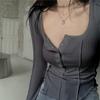 Camiseta Branca Slim-fit Emagrecedora Decote U Manga Longa Primavera e Outono Design Fino Nicho Camiseta Básica Pura para Mulheres