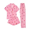 Conjunto de Pijama Casual de Tres Piezas para Mujer Transfronterizo, Dibujos Animados Lindos de Manga Corta, Pantalones Largos y Shorts, Conjunto de Doble Uso para el Hogar y el Exterior