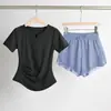 Conjunto Fitness de Verão Feminino Profissional Plus Size Corrida Secagem Rápida Pilates Yoga Treinamento Roupa Esportiva Top de Manga Curta com Decote V