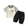 Conjunto de Dos Piezas para Bebé y Niño Pequeño de Verano Nuevo Estilo Coreano Estampado de Cachorro de Dibujos Animados Pantalones de Algodón Rayados de Manga Corta para Niños Ropa de Trabajo