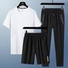 Traje de Verão Masculino de Três Peças Gelo Real Seda Manga Curta Camiseta Masculina Conjunto Longo Calças Shorts Esportivo Casual N