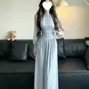 Nuevo Vestido de Malla Patchwork Estilo Francés con Mangas de Linterna para Mujer, Estilo Hada, Cuello Semi Alto, Cintura Ajustada, Falda Línea A Larga para Primavera y Otoño