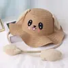 Chapéu estilo TikTok para crianças com orelhas móveis, chapéu de sol feminino, chapéu de coelho fofo, chapéu de palha, chapéu de pescador com aba ondulada