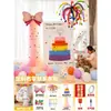 Decoración de primer cumpleaños con notas adhesivas de colores, pastel, tablero KT, globos para niños y niñas, accesorios para fotos de escena de hotel, pared de fondo