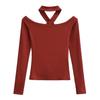 2349-24 Primavera Novo Estilo Coreano Garota Quente Sexy Decote Halter Ombro Único 2 Formas de Usar Decote Halter Manga Longa Slim Camiseta Básica