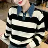 Suéter de malha listrado em preto e branco com gola jeans, estilo faculdade, estilo coreano, duas peças falsas, para mulheres, novo suéter color block para outono e inverno de 2026