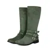 Botas compridas com fivela de camurça 2026 novas botas femininas de salto baixo plus size comércio exterior bico redondo zíper lateral botas da moda transfronteiriças