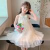 Verão Novo Vestido Sem Mangas para Meninas Roupa Infantil Estilo Ocidental Infantil Vestido de Princesa Flor Menina Vestido com Véu Vestido