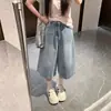 Jeans de verano para mujer de cintura alta, pierna ancha, corte cropped, talla grande, para tipos de cuerpo de pera, holgados y adelgazantes, pierna recta con efecto drapeado