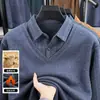 Venta caliente en vivo otoño con terciopelo para jóvenes hombres, imitación de dos piezas, top cálido, cuello camisero, manga larga a rayas, ropa para hombres