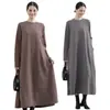 Otoño e Invierno Nuevo Estilo Japonés Color Sólido Manga Larga Vestido Largo Moda Femenina Holgado Cuello Redondo Falda Amplia Línea A Bolsillo