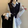 Otoño 2026 Nuevo Chaleco Camisa de Moda Talla Grande Reductor de Cintura con Cinturón Conjunto de Tres Piezas en Capas para Mujeres de Talla Grande