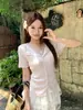 Top de Punto con Encaje Patchwork y Cuello en V Estilo Puro Deseo para Mujer, Nuevo Modelo de Verano con Diseño Ceñido a la Cintura, Blusa Elegante y Adelgazante de Manga Corta