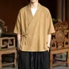 Verão 2026 Estilo Chinês Algodão e Linho Gola Diagonal Hanfu Masculino Manga Curta Amarração nas Costas Estilo Artístico Retrô Túnica Cruzada Roupas de Monge