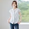 Camisa Elegante de Gola Redonda para Mulheres Verão 2025 Fina Casual Versátil Moda Ol Simples para o Dia a Dia Cor Sólida