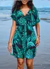 Novo Maiô Feminino Saída de Praia Estampada Gaze Transparente Roupa de Banho Exterior Estilo Férias Saia Cover-Up Solta Afinando a Cintura