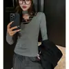 Tencel Lyocell Outono e Inverno Renda Escovada Gola Alta Meia Manga Manga Longa Ombro Direito Camiseta Feminina Camada Interna Pode Ser Usada Por Fora