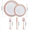 50 Pratos de Jantar Descartáveis de Plástico Ouro Rosa, Pratos com Borda Dourada, Conjuntos de Talheres e Colheres, Conjuntos de Louça de Sobremesa de Plástico PS