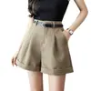 Shorts com bainha enrolada para mulheres, estilo coreano primavera/verão, cintura alta, perna larga, versátil, elegante, modelagem solta, emagrecedor, shorts casuais em A, hot pants