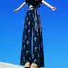 Calça Estampada Azul Escuro Feminina Verão Fina Nova Seda de Gelo Algodão Linho Perna Larga Cadarço Cintura Alta Casual Curta