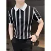 Nueva moda de verano para hombre, casual, personalidad, a rayas de moda, cuello camisero, manga corta, polo, top versátil en blanco de moda