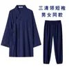 Vestimenta Taoísta com Gola Diagonal e Três Linhas Transparentes na Gola, Estilo Unissex, Roupão Longo para Primavera e Verão, Traje Taoísta de Algodão e Linho para Mulheres