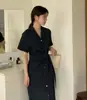 Tamaño Actualizado: Vestido Camisa Retro Francés de Manga Corta, Ajustado, de Botones Largos y Lazos Laterales para Mujer, 3 Colores
