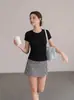 Top de punto básico liso de manga corta para mujer, estilo coreano de verano, fino, transpirable, ajuste slim, hombros normales, cuello redondo 465
