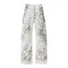 Calça jeans Muqiu Masculina com Botões, lavagem suja desgastada com respingos de tinta, estilo de rua americano, calça comprida para homens e mulheres