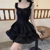 Vestido Alça Preto com Babados Feminino Verão Sem Mangas Saia Elegante Bolo Tutu Saia Saia Preta Escura