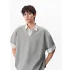 Camisa Polo de Manga Corta a Rayas Falsa de Dos Piezas para Hombre, Camiseta Ligera de Manga Media Holgada Estilo Americano de Moda para Verano
