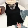 Top de manga larga de algodón puro estilo coreano moderno, versátil y adelgazante, con copas de sujetador incorporadas, espalda de encaje y diseño de camisola