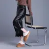 Calça Wide Leg Cropped de Renda para Mulheres 2025 Novo Estilo Coreano de Inverno Calça de Couro Casual com Cintura Elástica Calça Reta Solta Tendência
