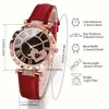 Relógio Feminino de Luxo Coração Rosa Dourado com Diamante, Pulseira de Couro Vermelho, Mostrador com Números Romanos, Relógio de Pulso Quartz Brilhante para Senhoras, Perfeito