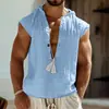 Moletom Masculino Sem Manga Gola V Solto Cor Sólida Camisa Sem Manga de Algodão e Linho Masculina Praia plus size Camisa Masculina Sem Manga