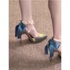 Zapatos de tacón alto azules impermeables con plataforma y cadena de perlas estilo francés para mujer 2026 Nuevas sandalias de tacón alto ahuecadas de verano
