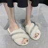 Pantuflas de Piel Cruzada para Mujer 2025 Otoño e Invierno Nuevo Estilo Interior Punta Redonda Pedrería Tacón Bajo Moda Coreana Hogar Pantuflas de Algodón