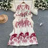 Vestido Retrô Francês Decote V Manga Curta Estampado para Mulheres Verão Estilo Boêmio Resort Cintura Alta Slim Saia Longa