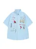 Camisa Retro Americana Estilo Waffle Floral Bordado Colorido, Manga Corta, Holgada, Casual, Versátil