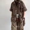 Camisa xadrez de manga curta masculina verão estilo japonês retro solto casual meia manga camisa estilo americano alta rua moda marca jaqueta