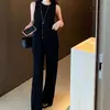 Conjunto Simples Estilo Coreano LilyliK Top Sem Mangas com Barra Irregular Assimétrica Solta + Conjunto de Calças Retas Largas Emagrecedoras