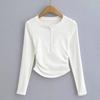 Camiseta térmica ajustada con forro polar para Otoño e Invierno, dobladillo curvo, ajustada a la cintura, top cálido, camiseta de manga larga ajustada de chica popular europea y americana