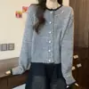 Cardigan Curto de Tricô Color Block com Contas Macias e Cerosas, Estilo Japonês e Coreano, para Mulheres no Outono e Inverno, Novo, Solto e Versátil, Elegante Jaqueta Suéter