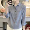 Camisa Polo de Rayas Azules para Mujer 2026 Principios de Otoño Nuevo Estilo Casual Manga Larga Para Ponerse Encima Prenda Interior Sensación de Alta Gama Top