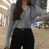 Nova Jaqueta Curta de Tricô Gola V Cor Sólida Manga Longa Estilo Coreano Slim Fit Emagrecedora para Estudantes