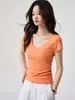 Camiseta 40s de Algodão Penteado Puro para Mulheres, Gola Redonda com Patch de Decote V Profundo, Mangas Curtas, Verão, Simples, Versátil, Emagrecedora, Top de Base